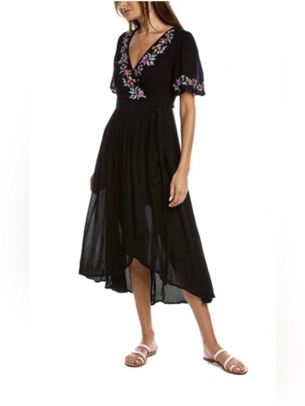 Tommy Bahama Black Floral Embroidered Wrap High Low Dress Size Medium